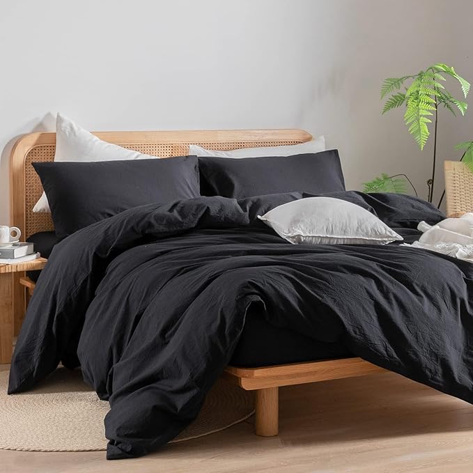 BESTOUCH Duvet Cover Set 100% Washed Cotton Linen Feel Super Soft Comfortable Chic Lightweight 3 PCs Home Bedding Set Solid Deep Black Oversized Full