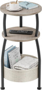 Round Side Table with Storage Basket –Small Space Saving End Table 3-Tier Coffee Table Bedside Corner Stand for Living Room, Bedroom, Garden and More 24in Tall Greige