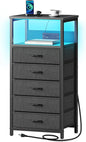 Seventable Night Stand with Charging Station, Tall Nightstand with 5 Fabric Storage Drawers, Side Table with LED Light for Bedroom, Entryway, Black, Set of 2