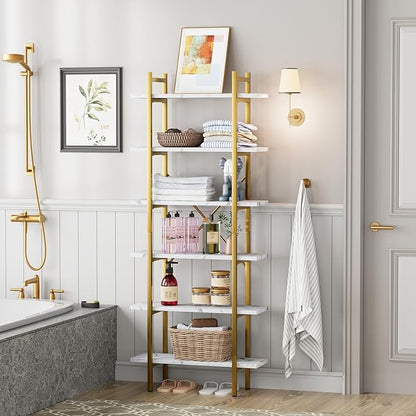6 Tiers Bookshelf Organizer White Faux Marble Shelf,Modern Open Display Storage Bookcase, and Metal Bookshelf Standing Storage Shelf Tall Shelving Units for Home Office Study