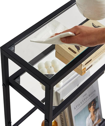 IBUYKE Narrow Side Table with Storage Shelf, 3 Tier Slim End Table,Modern Sofa Table, Small Nightstand, Telephone Table for Small Spaces,for Living Room, Bedroom, Black UTMZ002B