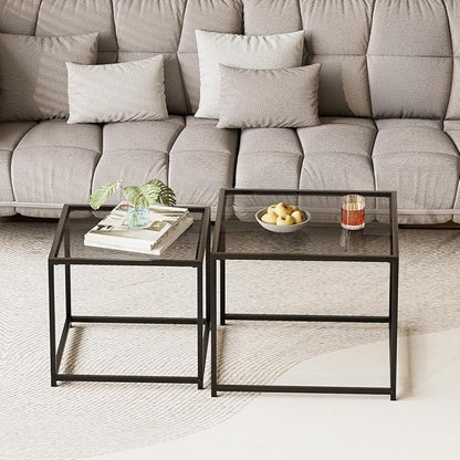 Garden 4 you Coffee Table Set of 2, Modern Glass Nesting Table, Metal Frame Square Center Table Set, Side Tables, Nesting Coffee Table for Living Room, Bedroom and Small Spaces, 23.6in Grey
