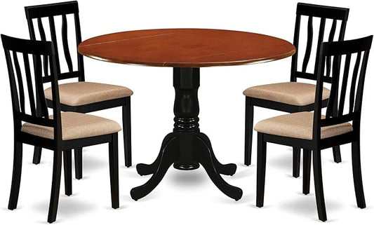 East West Furniture DLAN5-BCH-C 5 Piece Dining Table Set for 4 Includes a Round Kitchen Table with Dropleaf and 4 Linen Fabric Kitchen Dining Chairs, 42x42 Inch, Black & Cherry