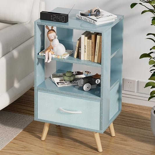 Night Stand, Blue Kids Nightstand with Drawer, Nursery Side Table with Open Storage, 3-Tier Modern End Table, Bedside Table for Small Space, Living Room, Bedroom