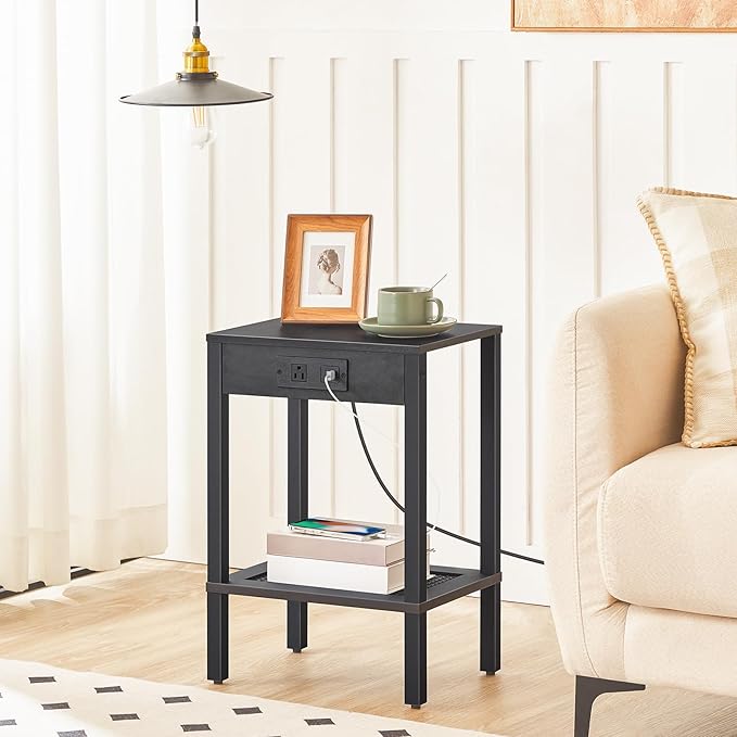 HOOBRO Side Table with Charging Station, Set of 2 End Tables with USB Ports and Outlet, Nightstand with 2-Tier Storage Shelf, for Living Room, Bedroom, Small Space, Black BK91UBZP201