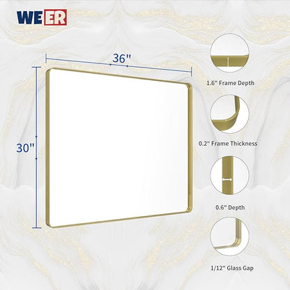 WEER Gold Bathroom Mirror, 36X30 Inch Brushed Gold Metal Frame Mirror, Rounded Rectangle Gold Bathroom Vanity Mirror for Wall, Tempered Glass, Anti-Rust, Hangs Horizontally or Vertically
