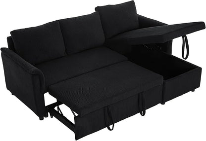 Ball & Cast L-Shape Reversible Sectional Sleeper Sofa Bed 4 in 1 Pull Out Couch with Storage Chaise&Removable Backrest,Convertible Sleeper Corner Couch Pull-Out Sofa Bed for Living Room,Corduroy,Black