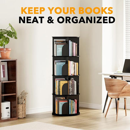 SpaceAid 4 Tier Rotating Bookshelf Tower, Spinning Bookcase Lazy Susan, Revolving 360 Book Shelf Storage Round Carousel, Vertical Rotate Turning Spiral Corner Organizer, Black