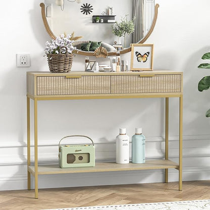 Anmytek Console Table with Storage, Wood Entryway Table with 2 Drawers, Narrow Long Sofa Table Hallway Foyer Table with Storage Shelves Behind Couch Table for Living Room, H0117
