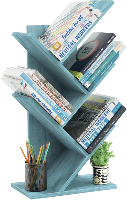 5 Tier Tree Book Shelf, Small Desktop Bookshelf with Storage Organizer, Wood Bookcase, Desk Display Bookshelves, Floor Standing Organizer Bookcases for Living Room,Bedroom,Office-Blue
