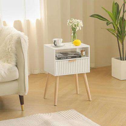 Night Stand, White Bedside Table with Drawers and Open Shelf, Fluted Nightstand with Solid Wood Legs for Bedroom, Dorm and Small Space (White)