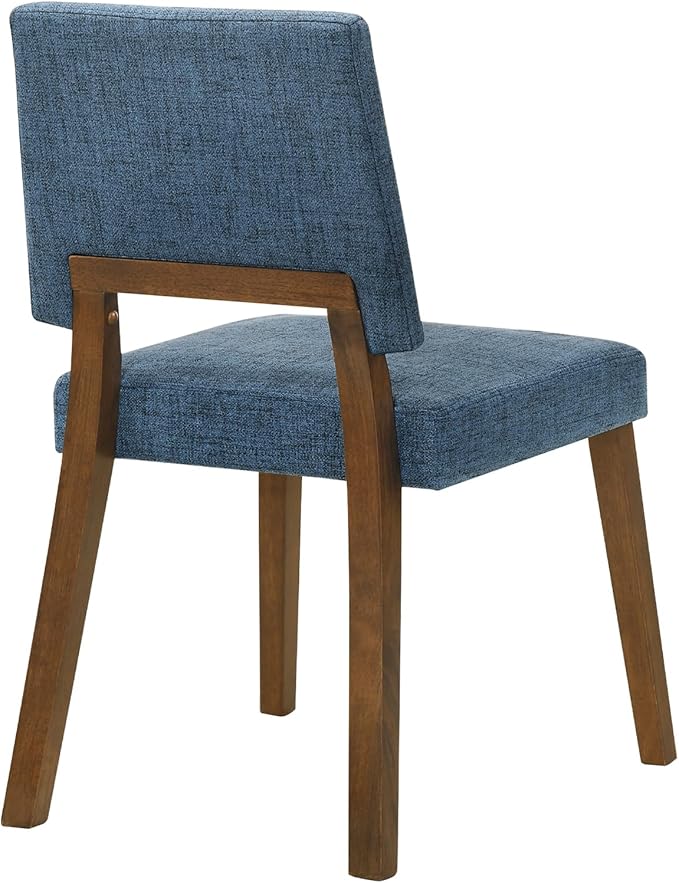 Armen Living Channell Mid Century Modern 7 Piece Walnut Wood Dining Table Set with Blue Fabric