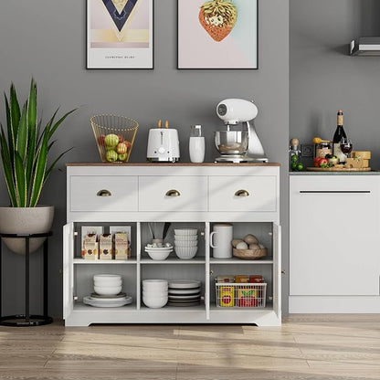 Keyluv Buffet Cabinet Storage Kitchen Sideboard Farmhouse Buffet Server Bar Wine Cabinet with 3 Drawers & 3 Doors Adjustable Shelves Console Table for Dining Living Room Cupboard, Antique White