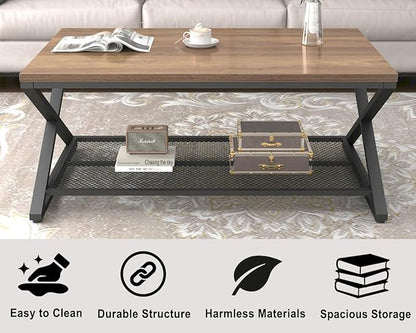 LVB Wood Coffee Table, Metal Wooden Living Room Table with Storage, Industrial 2 Tier Cocktail Tea Table with Mesh Shelf, Farmhouse Rectangular Low Middle Tables for Office Bedroom, 39 inch Rustic Oak