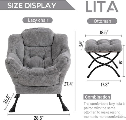 LITA Lazy Chair with Ottoman, Modern Accent Leisure Upholstered Sofa, Contemporary Lounge Reading Chair with Armrests and a Side Pocket for Living Room, Bedroom & Small Space, Plush Grey