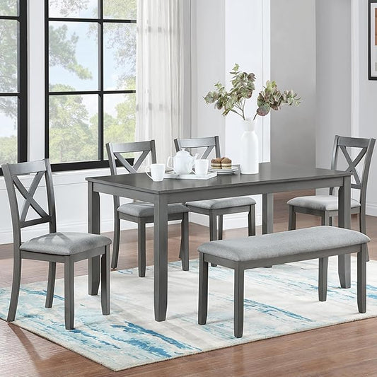 KEIKI 6-Piece Standard Height Dining Table Set with Rectangular Table, 4 Upholstered X-Shaped Backrset Chair, Bench, for 6 Person, Modern Style Table Set, Easy Assembly, for Kitchen, Dining Room, Gray
