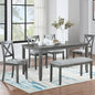 KEIKI 6-Piece Standard Height Dining Table Set with Rectangular Table, 4 Upholstered X-Shaped Backrset Chair, Bench, for 6 Person, Modern Style Table Set, Easy Assembly, for Kitchen, Dining Room, Gray