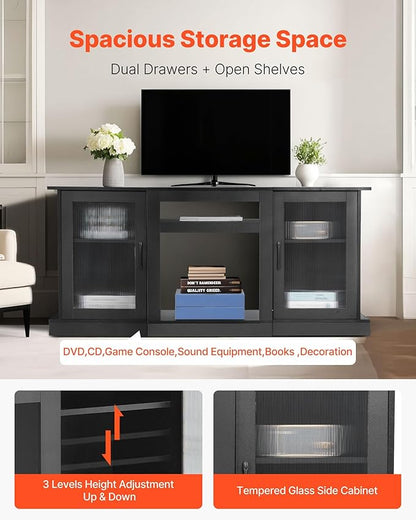 VEVOR TV Stand for TVs up to 65 inch, Modern Entertainment Center with Light Strip, Wooden TV Cabinet Storage with Glass Doors and Adjustable Shelves, Console Table for Living Room and Bedroom, Black