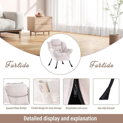 Lazy Chair with Ottoman, Modern Chair with Folding Footrest, Lounge Accent Chair, Comfortable Reading Chair, Oversized Armchairs for Bedroom, Study, Living Room, Courtyard (Beige