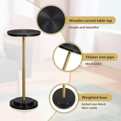 Drink Table, Small Pedestal Side Table with Wooden Carved Top for Living Room, Bedroom, Small Space, Gold and Black