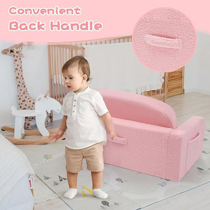 Extra Wide Kids Couch, 2-in-1 Soft Toddler Couch with Blanket, Comfy Toddler Chair, Convertible Sofa to Lounger with Cute Colorful Rainbow Design, Pink