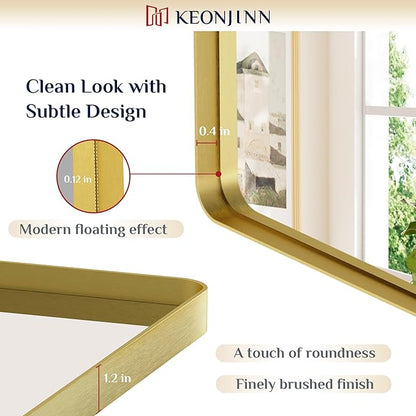 Keonjinn Gold Bathroom Vanity Mirror 48 x 36 Inch Large Rounded Rectangle Vanity Mirror, Brushed Brass Wall Mirror with HD Tempered Glass, Modern Decorative Gold Framed Mirror(Horizontal/Vertical)