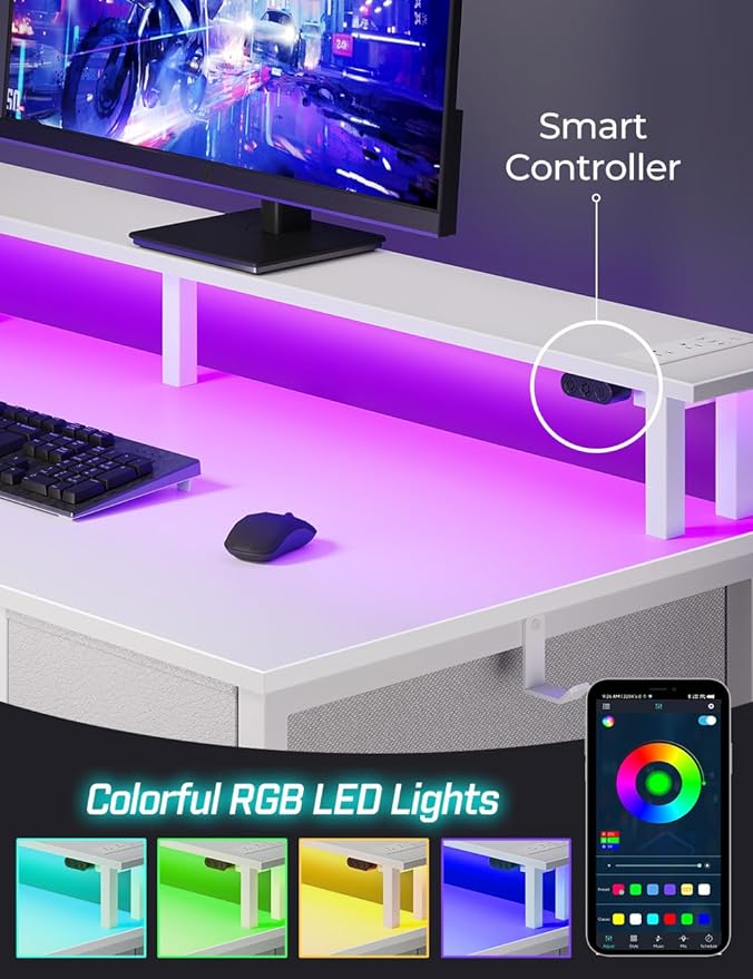 Seventable Computer Desk with Power Outlets & LED Light, 55 inch Home Office Desk with 5 Drawers, Writing Desk with Monitor Stand, Work Desk for Home Office, White