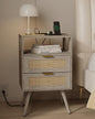 Rattan Nightstand with Charging Station,Farmhouse Bedside Table with 2 Storage Drawer and Open Wood Shelf, for Bedroom and Small Spaces,Night Stand with Solid Wood Legs (Grey Oak-Outlet)