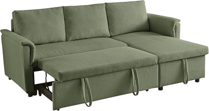 Ball & Cast Reversible Sectional Sofa Couch,L-Shape Sleeper Sofa Bed with Storage Chaise Pull Out Couch for Living Room | Hidden Storage | Pull Out Bed | Removable Backrest | Corduroy Fabric,Green