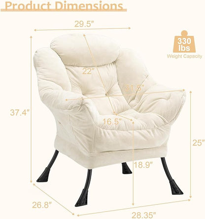 Fabric Lazy Chair for Adults, Oversized Upholstered Sofa Chair, Plush Comfy Lounge Chair with Large Side Storage Pocket, Thick Padded Reading Chair for Living Room, Bedroom, Study Room, Beige