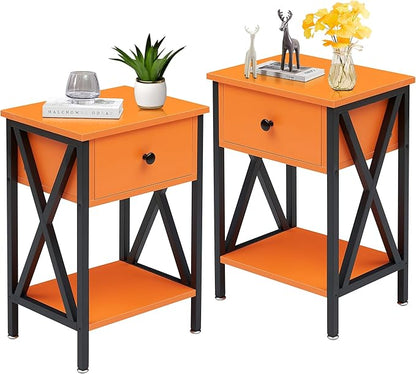 VECELO Nightstands Set of 2, Modern Bedside End Tables, Night Stands with Drawer and Storage Shelf for Living Room Bedroom, Industrial Metal Frame