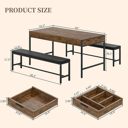 VECELO 65" Dining Table Set for 4-6, 3-Piece Kitchen Set with 2 Utensil Drawers, 2 Benches & Wine Rack, Space Saving & Heavy Duty, with Metal Frame & MDF Board, Rustic Brown