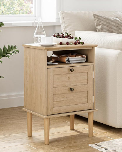 Nightstand, Boho Night Stand with 1 Drawer, Modern Side Accent Table with Open Shelf, Wooden Top Bedside End Table for Bedroom, Living Room, Natural