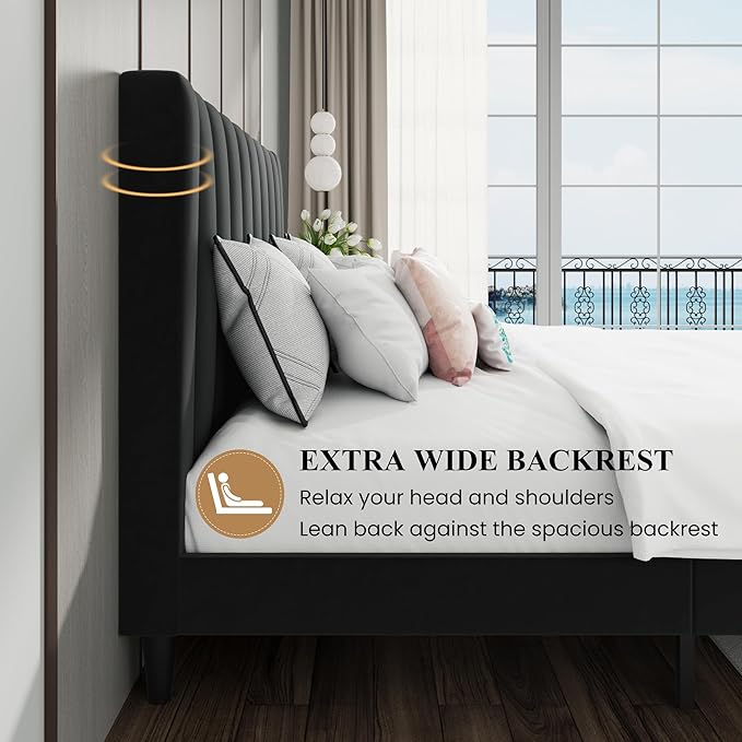 SHA CERLIN Queen Bed Frame/Velvet Upholstered Platform Bed Frame with Headboard/Strong Wood Slats Support/Mattress Foundation/No Box Spring Needed - Black