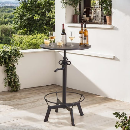 LOKKHAN Industrial Bar Table-33.5-39.4 Inch Tall-Adjustable Bar Height Pub Table-23.7 Inch Swivel Round Metal Top-Easily Adjusts by Crank Handle, Black