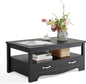 LINSY HOME Farmhouse Coffee Table with Storage, Wood Coffee Table for Living Room, Open Display Area and Storage Drawers with Metal Handles, Chic Style with Curved Base, Black