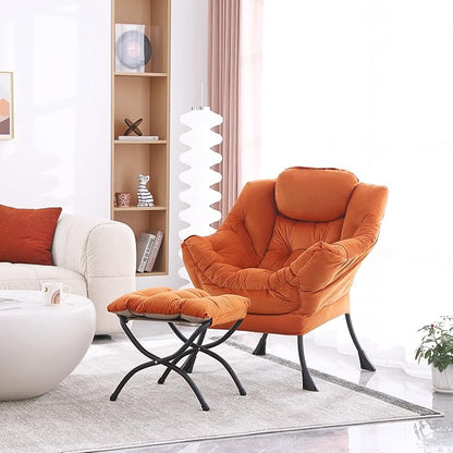 Lazy Chair with Folding Ottoman, Modern Accent Lounge Armchair with Armrests, a Side Pocket & Foldable Footstool, Leisure Reading Chair for Living Room, Bedroom, Dorm & Office, Velvet Orange