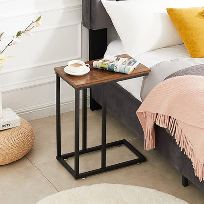 VECELO C Shaped End Side Table for Sofa Couch and Bed Snack TV Tray for Living Room Bedroom, 2 Set, Brown