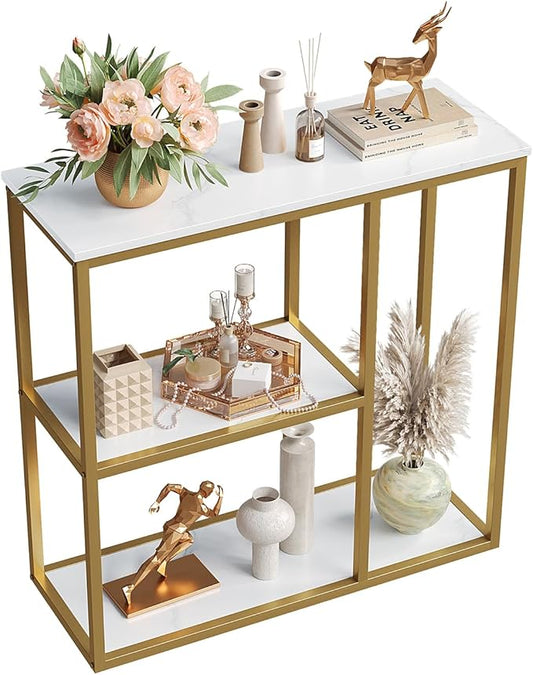 WOHOMO Console Table, Small Entryway Table with Storage Shelves 12'' Narrow Sofa Table Modern Hallway Table for Living Room 31.5" x12''x31.5'' White and Gold