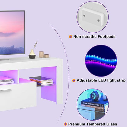 Clikuutory Modern Lighting 51 inch TV Stand with Large Storage Drawer for 32 40 50 55 Inch TVs, TV Console with 20 Color LED Lights, Entertainment Center Media and Open Shelf for Bedroom, White