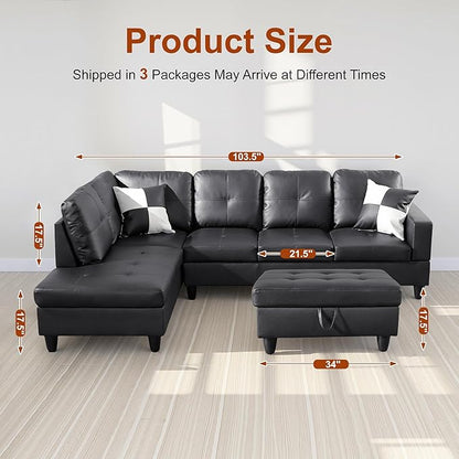 Osparple L Shaped Couch Faux Leather Sectional Couches for Living Room Upholstered 3 Pieces Modular Sectional Sofa with Chaise, Ottoman with Storage for Living Room and Small Apartment, Black