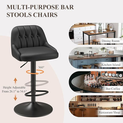 Bar Stools Set of 1, Swivel Bar Chairs, Modern Adjustable PU Leather Upholstered Barstools Counter Height with Tufted Back for Bar, Kitchen Counter Island, Dining Room, Black