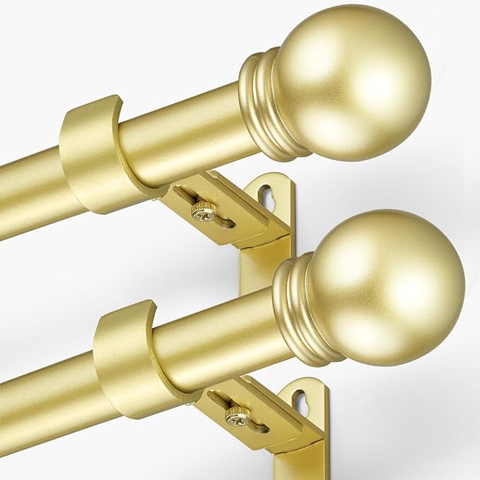 Curtain Rods for Windows 16 to 150 Inches, Curtain Rod Max Adjustable Length of 160 IN, 6/8" Diameter Drapery Rods Round Finials, Warm Gold, Pack of 2