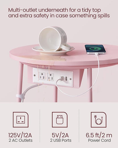 VASAGLE Side Table with Charging Station, Round End Table with Fabric Basket, Nightstand with Power Outlets, USB Ports, for Living Room, Bedroom, Modern, Jelly Pink and Cream White ULET228R01