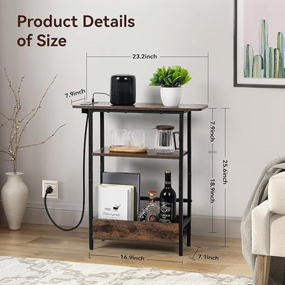 Narrow Side Table with USB-C Charging Station, 3-Tier Slim End Table with Magazine Holder, Modern Side Table for Couch or Small Spaces, Skinny Nightstand for Living Room or Bedroom