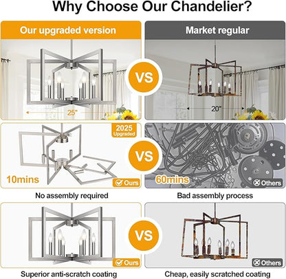 25" Modern Brushed Nickel Chandelier for Dining Room (6-Light, 25-Inch), Geometric Dining Room Light Fixture Over Table, Industrial Metal Hanging Pendant Lights for Kitchen Island, Entryway, Foyer
