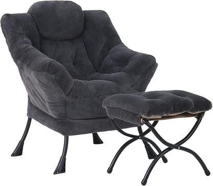 Lazy Chair with Folding Ottoman, Modern Accent Lounge Armchair with Armrests and a Side Pocket & Foldable Footstool, Leisure Reading Chair for Living Room, Bedroom, Dorm & Office, Plush Navy