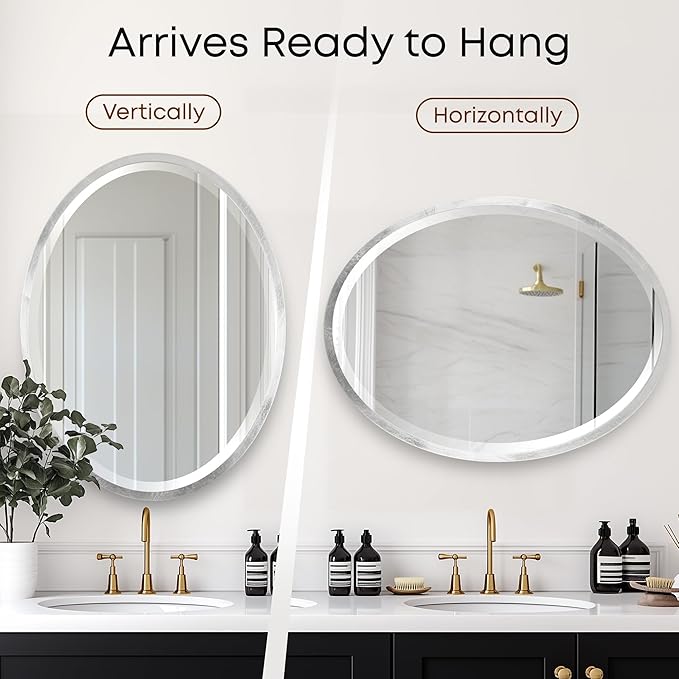 OVALCREST - Oval Wooden Beveled Wall Mirror for Home Decor, Bathroom, Vanity, Bedroom, Living Room, Hallway - London Style (Silver Leaf with Brown Antique) 25.1 x 37.1