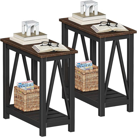 ChooChoo Farmhouse End Table, Rustic Vintage Narrow End Side Table with Storage Shelf for Small Spaces, Nightstand Sofa Table for Living Room, Bedroom Black 2 Pack