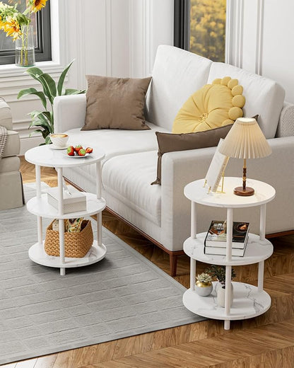 Small Round End Table - 3 Tier Design Accent Table, Narrow Side or Bedside Stand, Industrial Vintage Nightstand for Bedroom, Living Room, or Small Spaces, Marble White